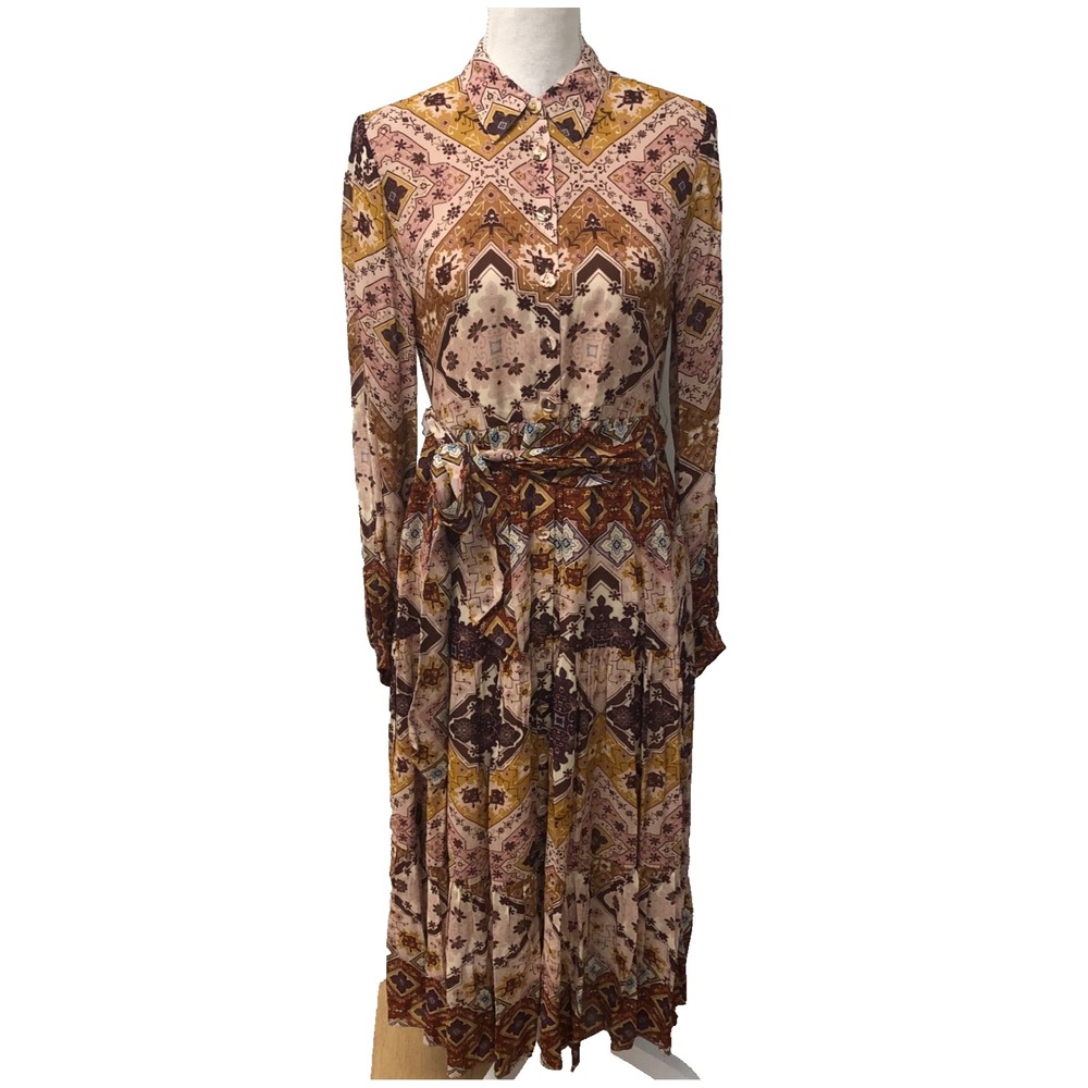 Cara Cara Lolan Dress Womens Small Rose Geo Print Georgette Button Front Midi